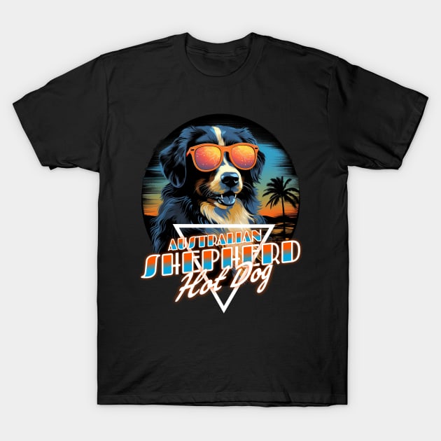 Retro Wave Australian Shepherd Hot Dog Shirt T-Shirt by Miami Neon Designs